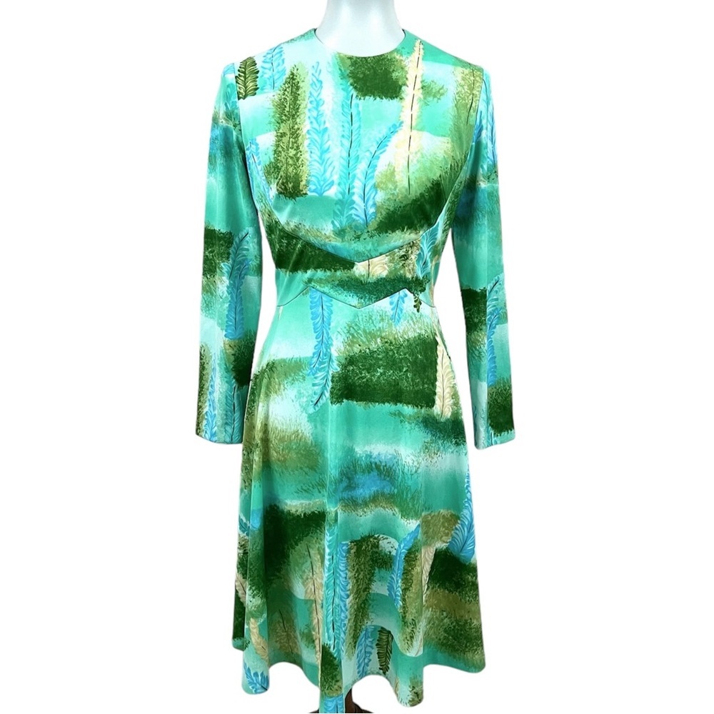Rare Vintage Mid Century Impressionist Feather Forest Tree Long Sleeve Dress
